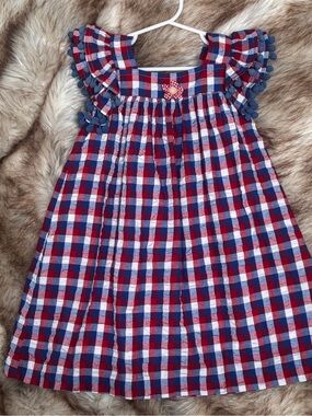 Girls Red, Blue & White Plaid Ruffle Sleeve Dress